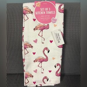Envogue Set of 3 Kitchen Towels with Valentines Pink Flamingos and Hearts